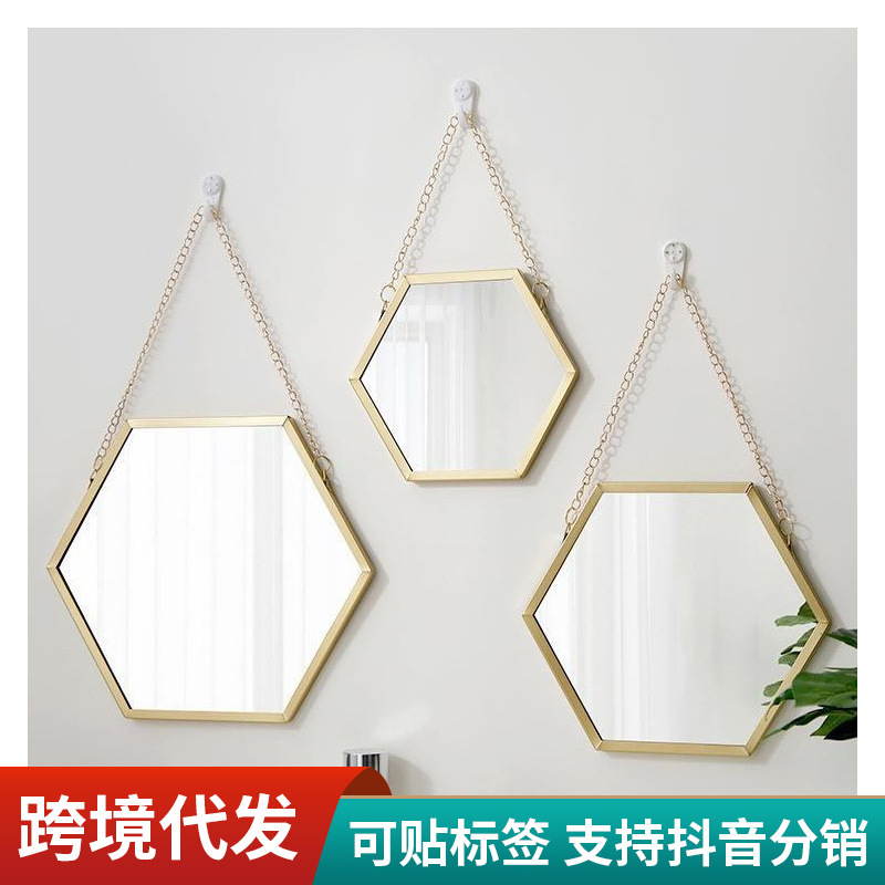 Nordic Iron Hexagonal Wall-mounted Mirror Bathroom Dormitory Wall-mounted Mirror Wash Table Wall-mounted Cosmetic Mirror