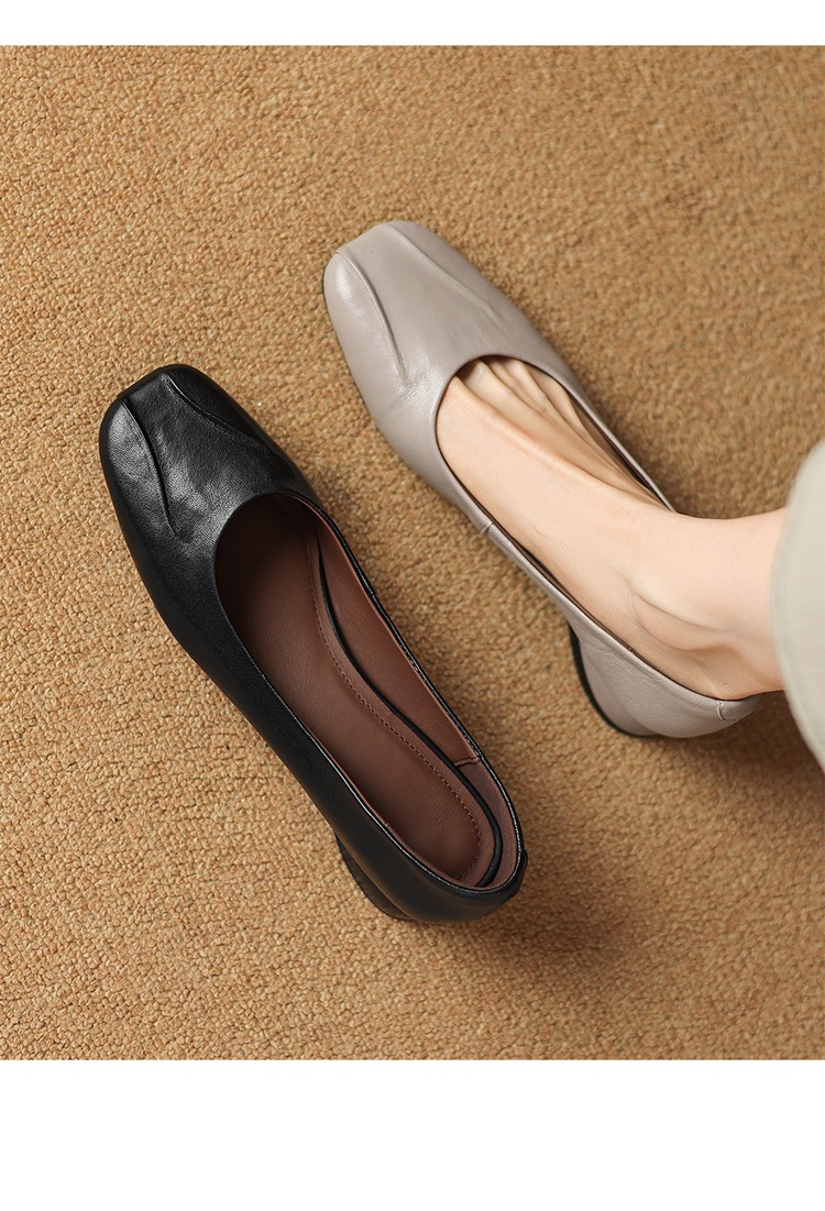 Giày gót thấp da cừu đầu vuông cổ điển kiểu Pháp – giày bà mẹ xỏ chân mùa thu, gót thô miệng nông — Màu đen chi tiết 8