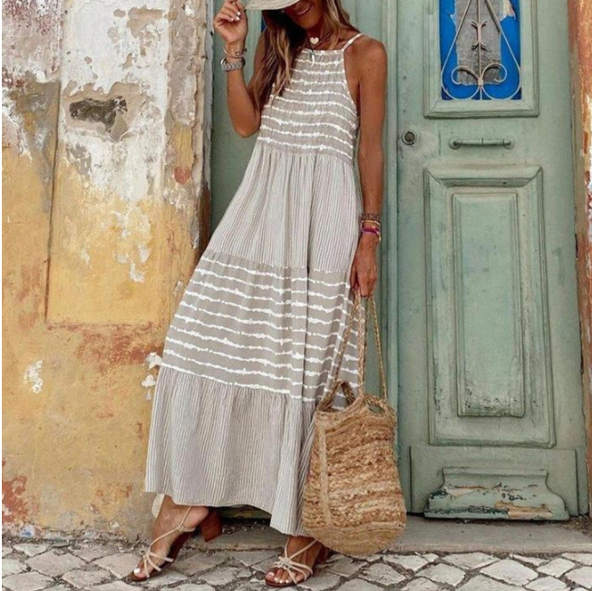 Summer Season Women's Gender Streetwear Style Wholesale Women's Streetwear Stripe Daily Beach Halter Neck Sleeveless Swing Dress
