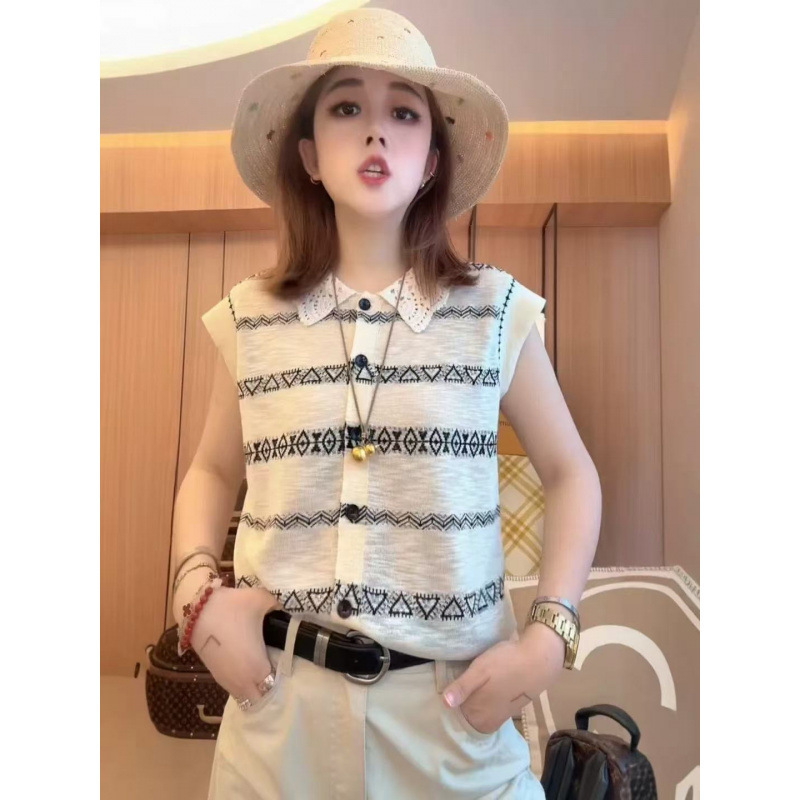 European-Style Lace Polo Collar Striped Sleeveless Knit Top for Women, 2026 Summer New Korean-Style Beautiful Flutter Sleeve Blouse