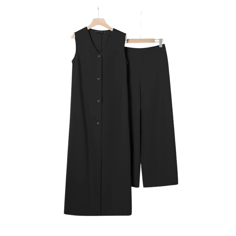 Women's Fashion Street Style Two Piece Set Sleeveless Long Top Wide Leg Pants Solid Color Summer_ecoleips.com