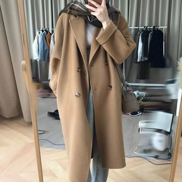 Двустороннее кашемировое пальто цвета кэмел для женщин, средней длины, новая модель 2025 года, двубортное свободное шерстяное пальто ручной работы, модное.