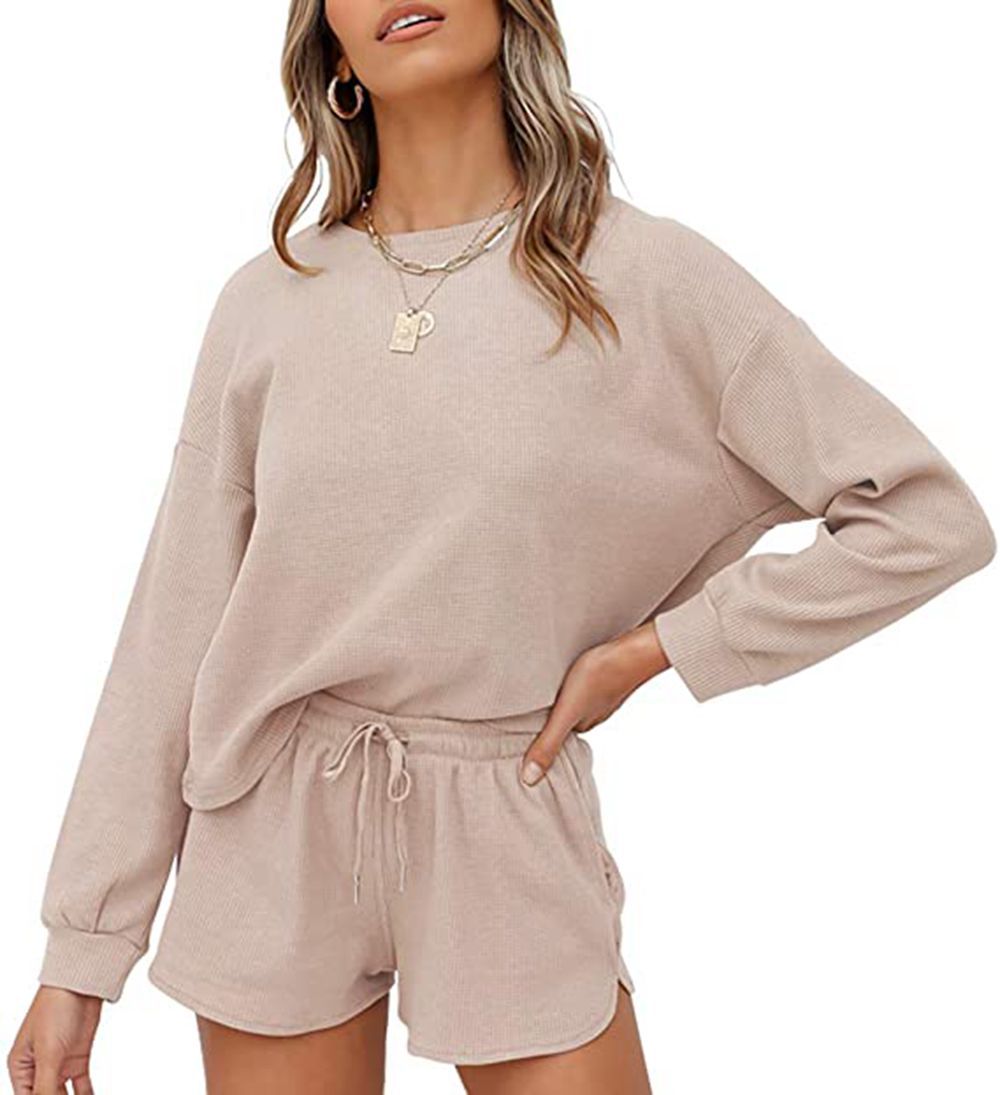 2021 Amazon Fall Women's Waffle Knit Long Sleeve Top And Shorts Pullover Pajama Set With Pockets
