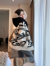 圈圈纱外套女超好看针织开衫女秋冬加厚感连帽小个子上衣