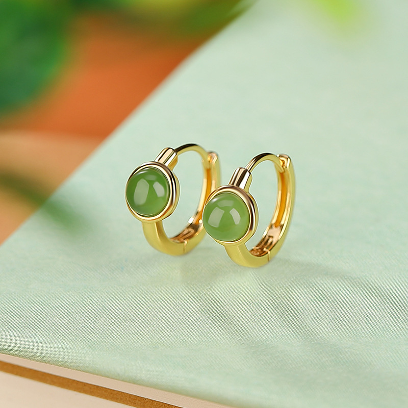 Bông tai kẹp tai nữ bạc S925 mạ vàng đính đá jasper đỏ hình hạt tròn phong cách đơn giản — Kiểu jasper màu bạc