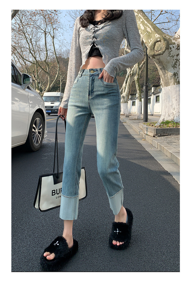 【中国直邮】HEY+JEANS 春季韩系翻边高腰显瘦九分裤 黑色 M