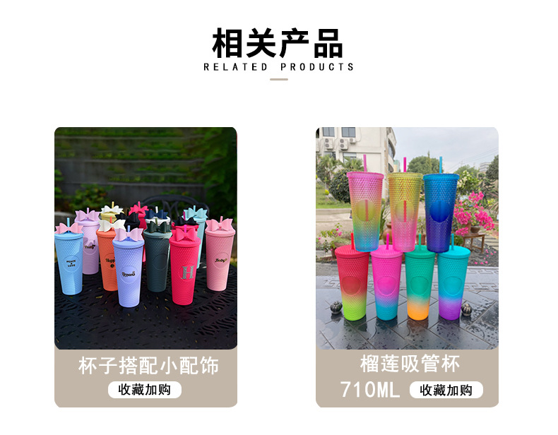 厂家直供双层塑料吸管杯大容量创意710ml榴莲杯扎手杯便携钻石杯详情8