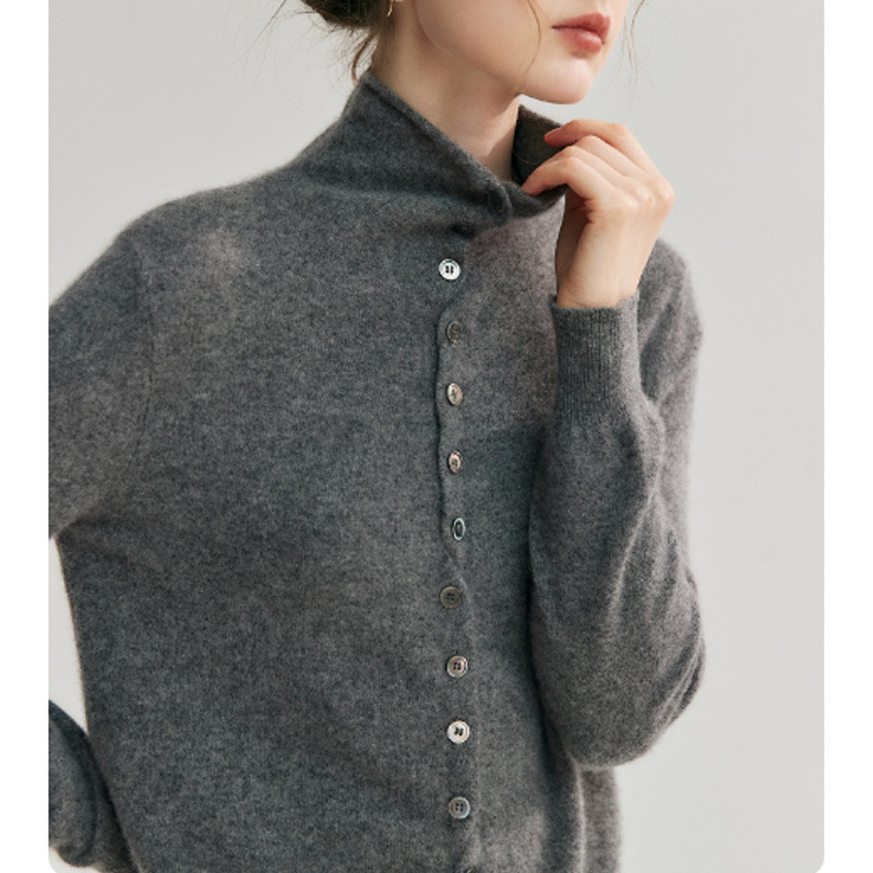 Basic Versatile Fluffy Cloud-Like Cashmere Wool Rolled Edge Cardigan Lazy Two-Wear Knitted Knitwear Turtleneck Knitwear for Women