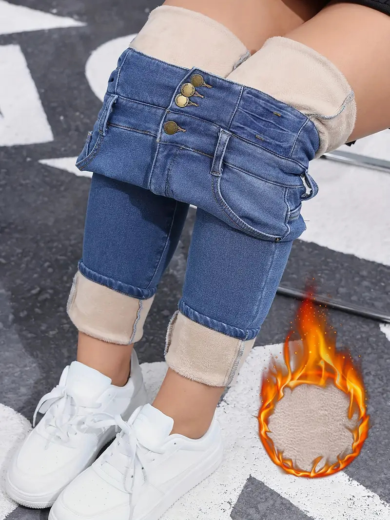 Fashion Versatile Women's Skinny Jeans Fleece Lined Elastic Waist Multi Button Solid Color Autumn Winter New Style_ecoleips.com