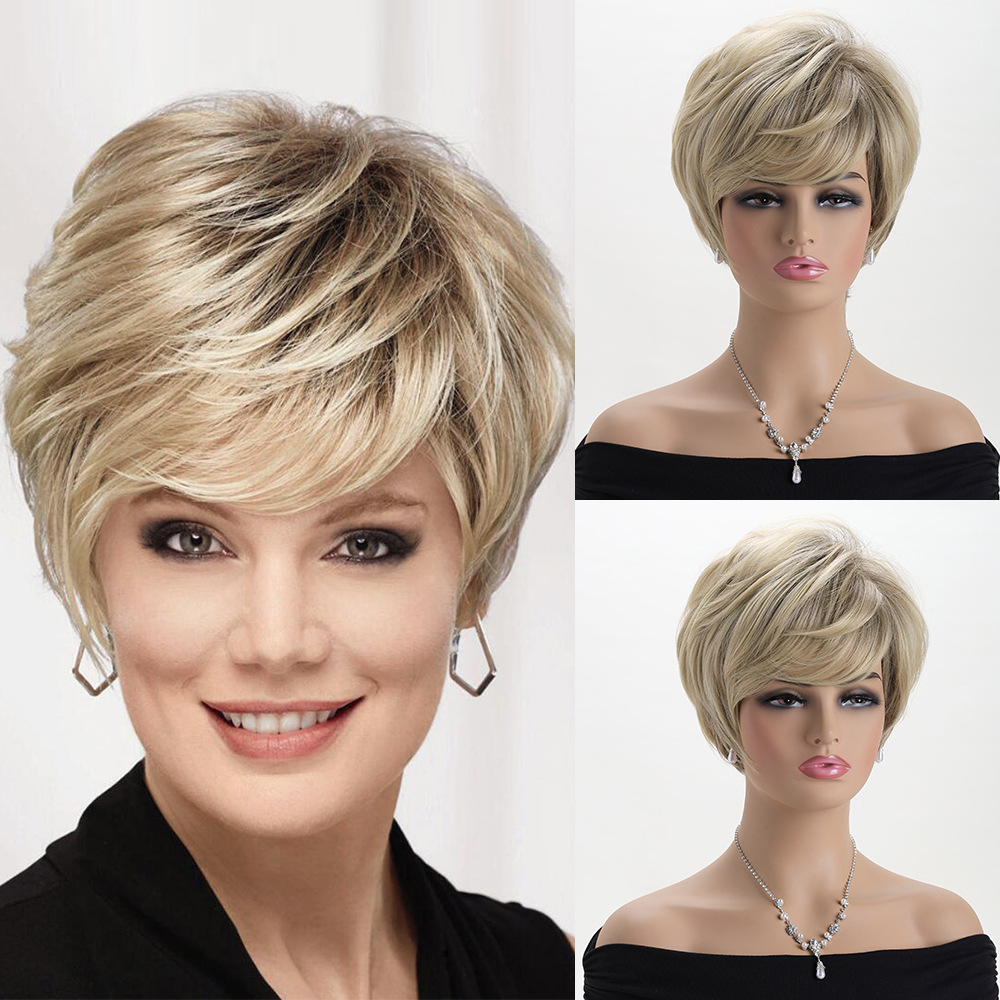 Pelucas de estilo europeo y americano populares y de gran venta para mujer 2026, cabello corto realista y natural de color mixto con flequillo diagonal, peluca de fibra sintética con flequillo de aire.