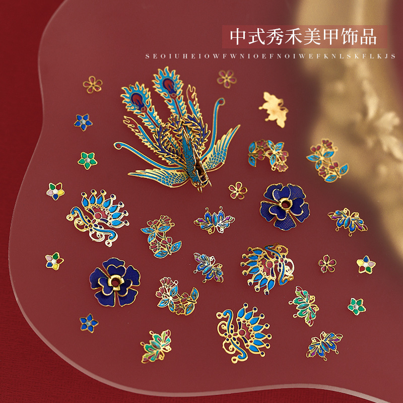 New Chinese Xiuhe wedding nail jewelry accessories light luxury temperament phoenix crown Xiaxiao color enamel bridal nail jewelry