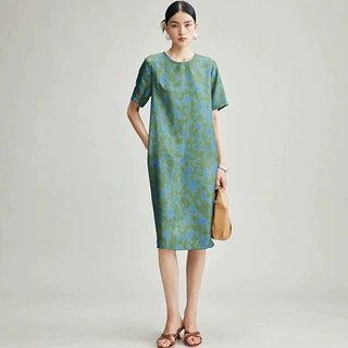 短袖真丝连衣裙女2026春夏新款直筒通勤印花斜纹绸100%桑蚕丝裙子
