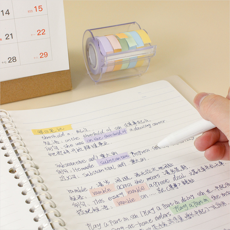 Cinta adhesiva de índice de color suave creativo, cinta tridimensional de papel de hojas sueltas de color, tipo de rollo de papel, viene con un cortador