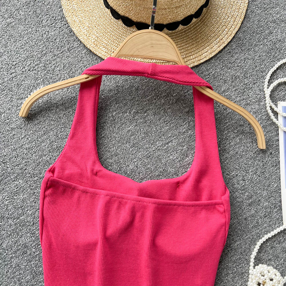 84g Weight Cotton, Rib Fabrics Fabric Type Short Top Length Vest Tops Type Holiday, Banquet, Daily Occasion Halter Neck Neckline Slim Fit Type Solid Color Pattern Summer Season Women's Gender Elegant, Streetwear Style Wholesale Women's Elegant Streetwear Solid Color Tank Tops 19