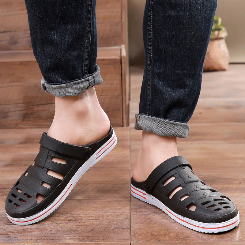 Men's Baotou Sandals Summer New Flat Heel Soft Bottom Non-slip Wear-resistant Hollow Outdoor Wading Two-way Hole Shoes Trendy