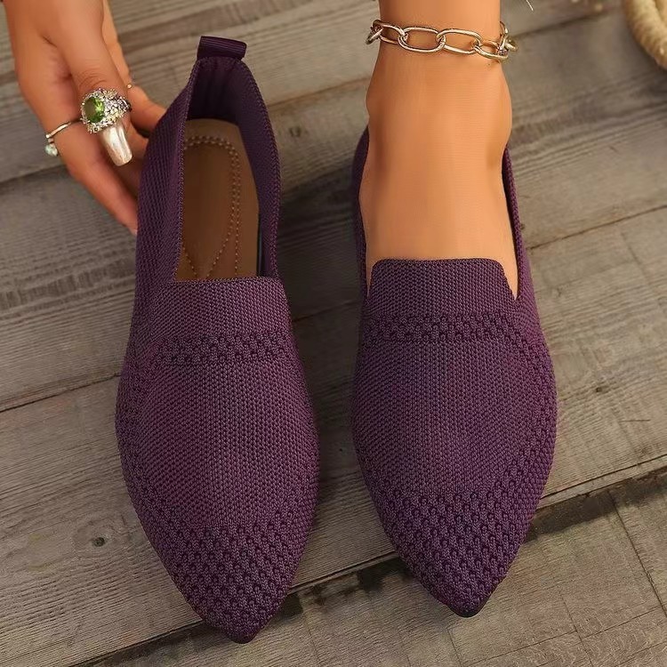 Flat 2024 Summer New European And American Style Large Size Women's Shoes Pointed Toe Fly-knit Shallow Loafers_vogvips.com