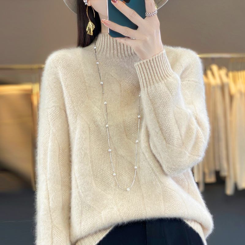 Thickened Cable Knit 100% Wool Sweater for Women, Half Turtleneck Pullover, Loose Knit Base Layer, New Autumn and Winter Long-Sleeve Sweater Thickened Cable Knit 100% Wool Sweater for Women, Half Turtleneck Pullover, Loose Knit Base Layer, New Autumn and Winter Long-Sleeve Sweater