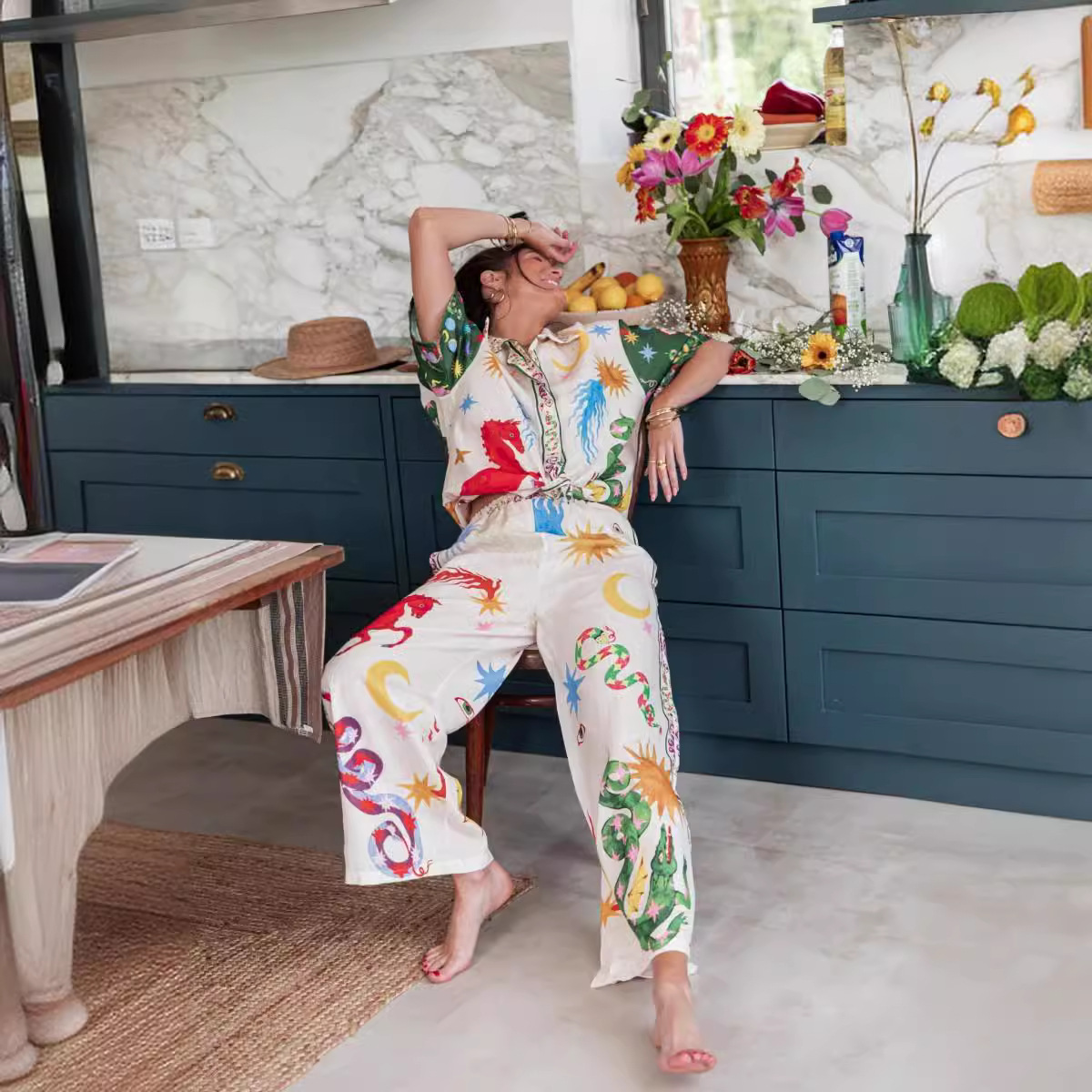 Summer Season Women's Gender Holiday Beach Women's Vacation Animal Sun Linen Polyester Printing Pant Co-ord Set Pants Sets