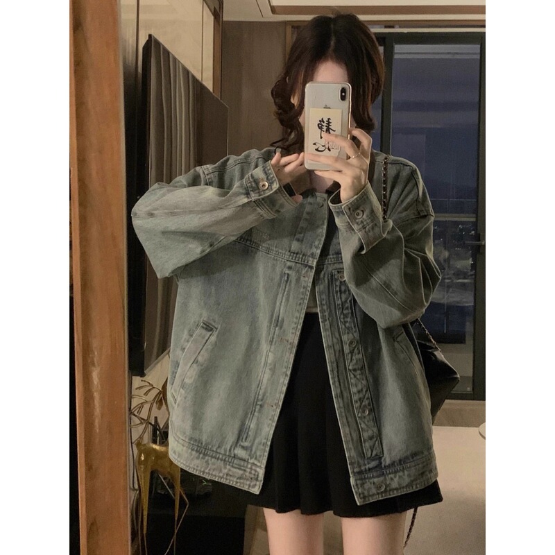 水洗复古美式做旧蓝牛仔外套女高街潮流宽松情侣休闲百搭夹克上衣|undefined