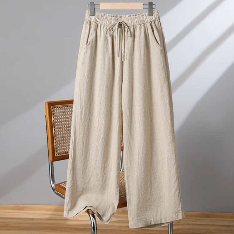 Women's Cotton and Linen Wide-Leg Pants, High-Waisted, Drapey Linen Cropped Pants, Plus-Size Tai Chi Pants, Drawstring Straight-Leg Casual Pants