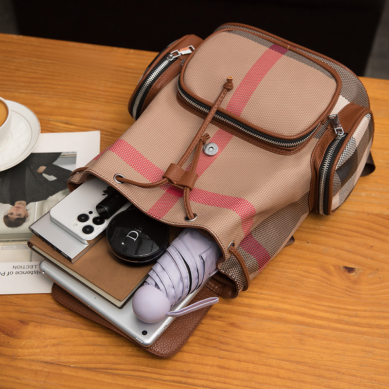 Plaid británico mochila femenina 2024 lona doble bolsillo viaje mochila bolsa cordón chica