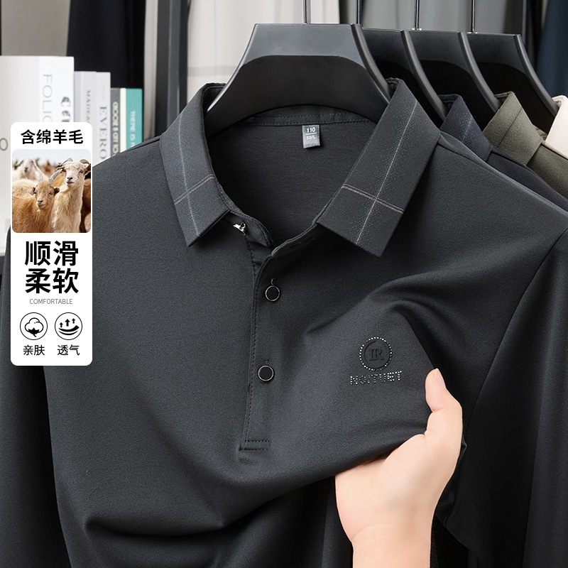 2025含羊毛长袖T恤男翻领休闲秋季透气印花爸爸装衣服中年男士T恤|undefined