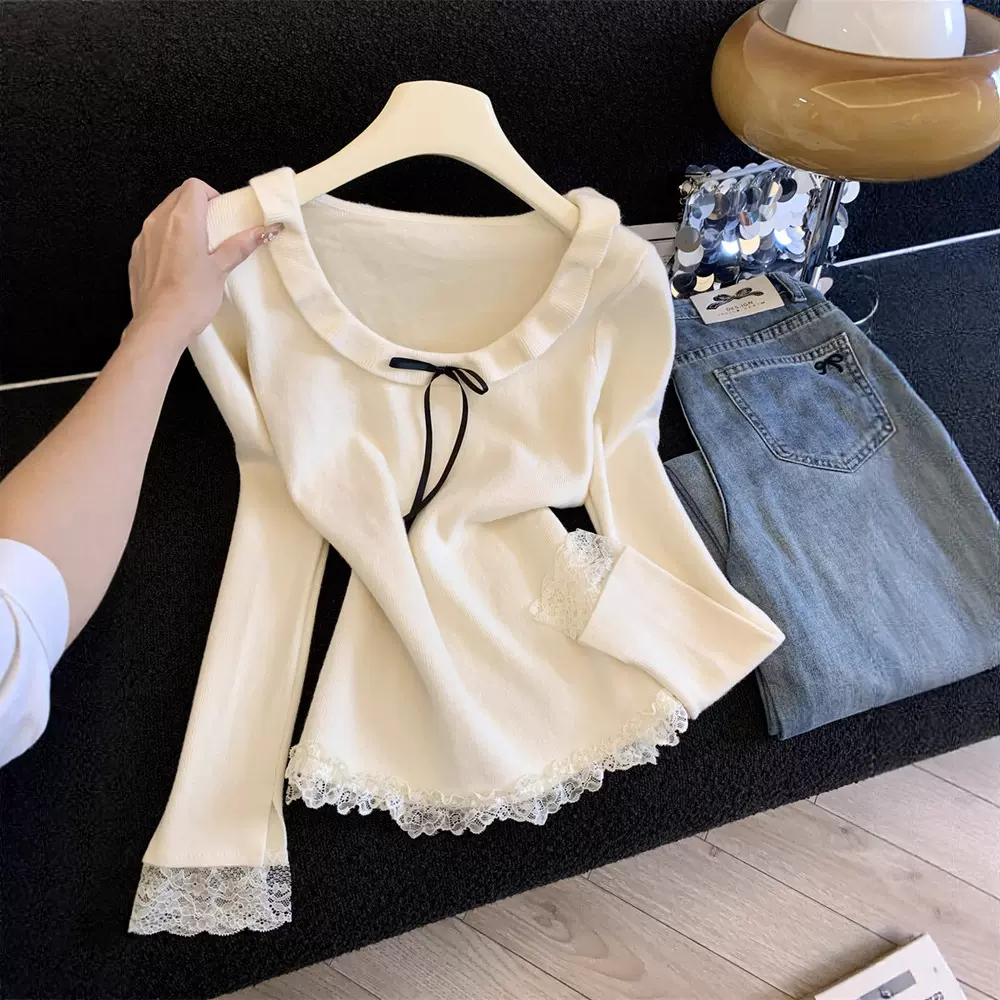 法式U领蕾丝花边拼接长袖针织衫秋装女装高级感毛衣内搭修身上衣