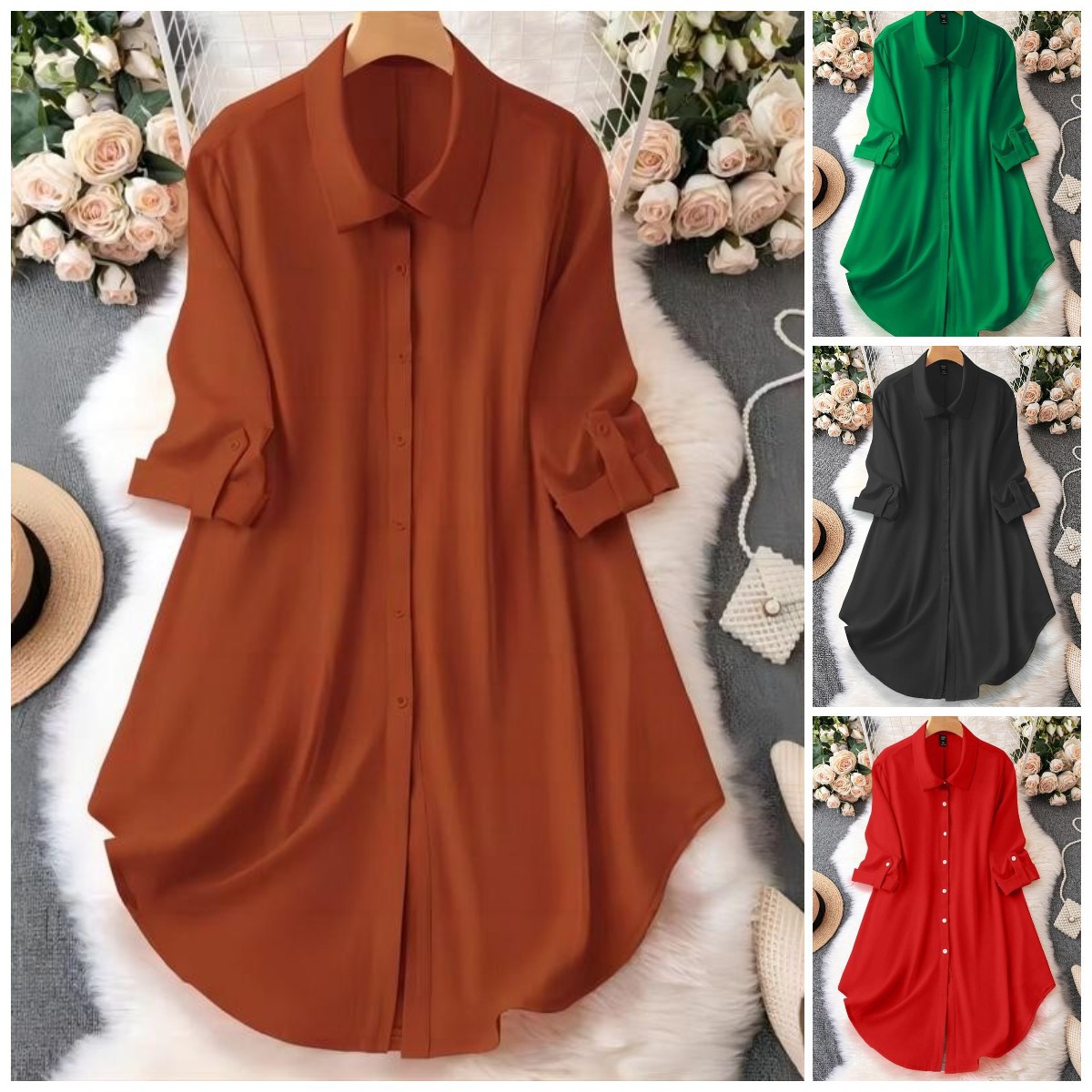 【】2024跨境新品亚马逊雪纺衬衣五分袖宽松纽扣中长衬衫七分袖