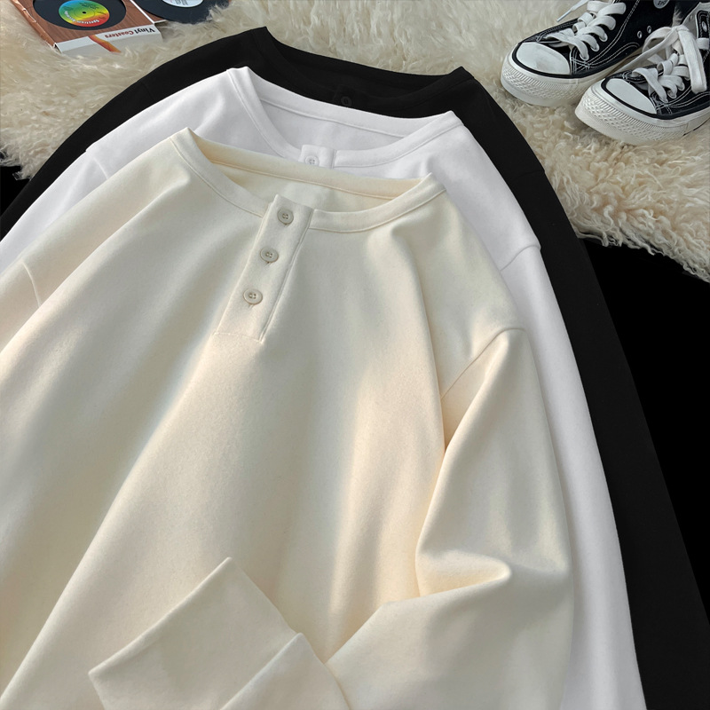 Solid Color American Style Henley Collar Sweatshirt For Men, Autumn Waffle Long Sleeve T-Shirt, High-End Cool Inner_voghion.com