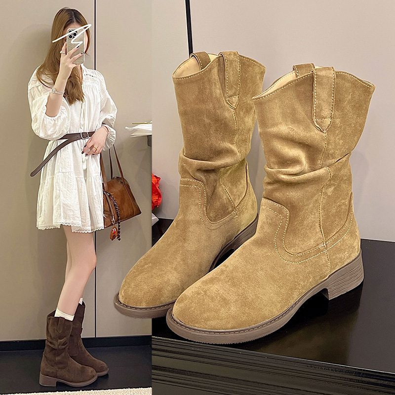 Chunky Heel High Heel Brown Short Boots for Women 2025 New Summer Autumn Slouch Boots Western Cowboy Sichuan Xizang Mid-Calf Martin Boots