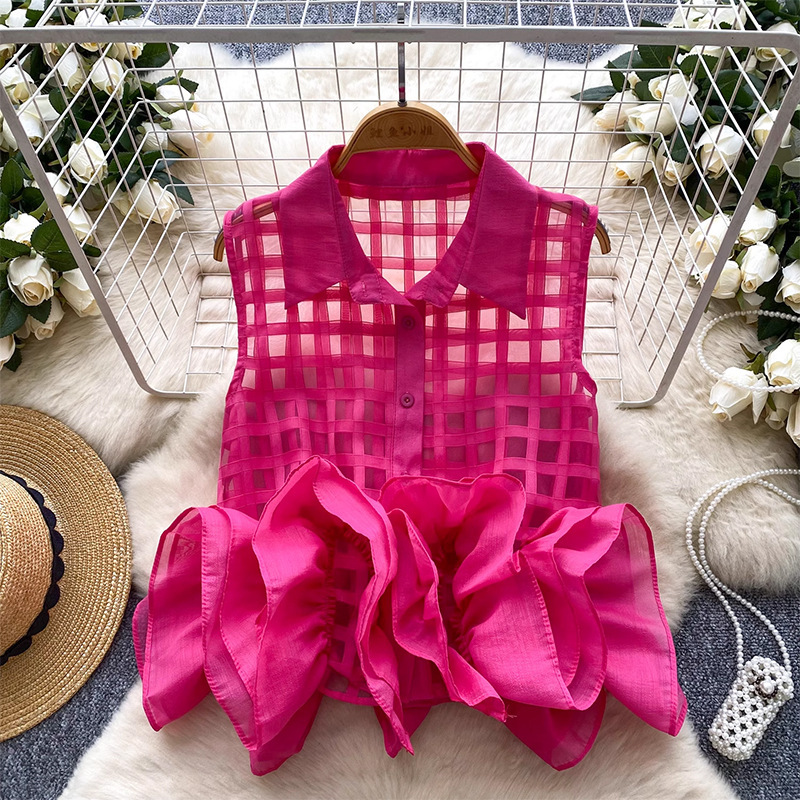 European Fashionable Top Women's Summer Design Sense Heavy Industry Three-Dimensional Flower Bud Stitching Thin Plaid Sleeveless Chic Shirt European Fashionable Top Women's Summer Design Sense Heavy Industry Three-Dimensional Flower Bud Stitching Thin Plaid Sleeveless Chic Shirt