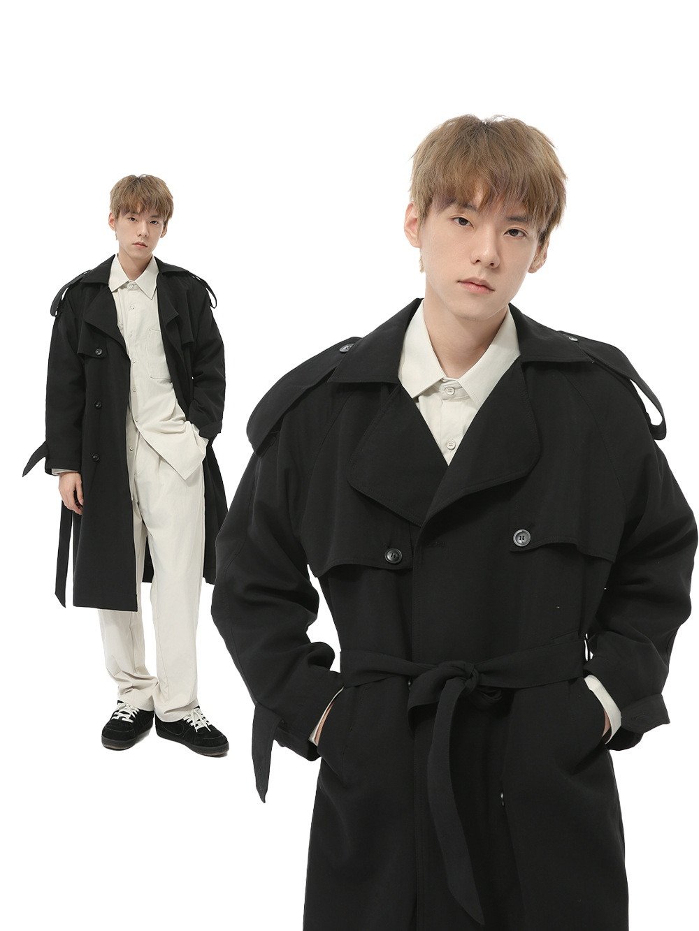 MTLCLOTHES Hombres| Nuevos productos de otoño coreanos dobles hebillas sobre la rodilla correa de estilo británico abrigo casual suelto