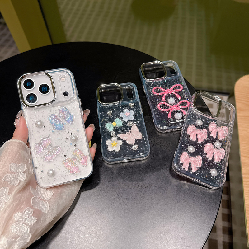 滴胶立体蝴蝶结适用iPhone16Promax手机壳苹果16透明闪粉保护套|undefined