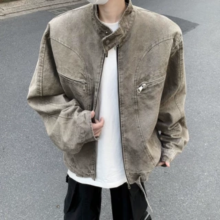 水洗灰色立领牛仔外套男春季复古潮牌拉链短款外套美式哈灵顿夹克