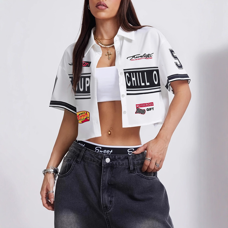 Y2K Retro Street Style Short Letter Printed Stand-Up Collar Shirt Fashionable and Unique Racing Short-Sleeved Top