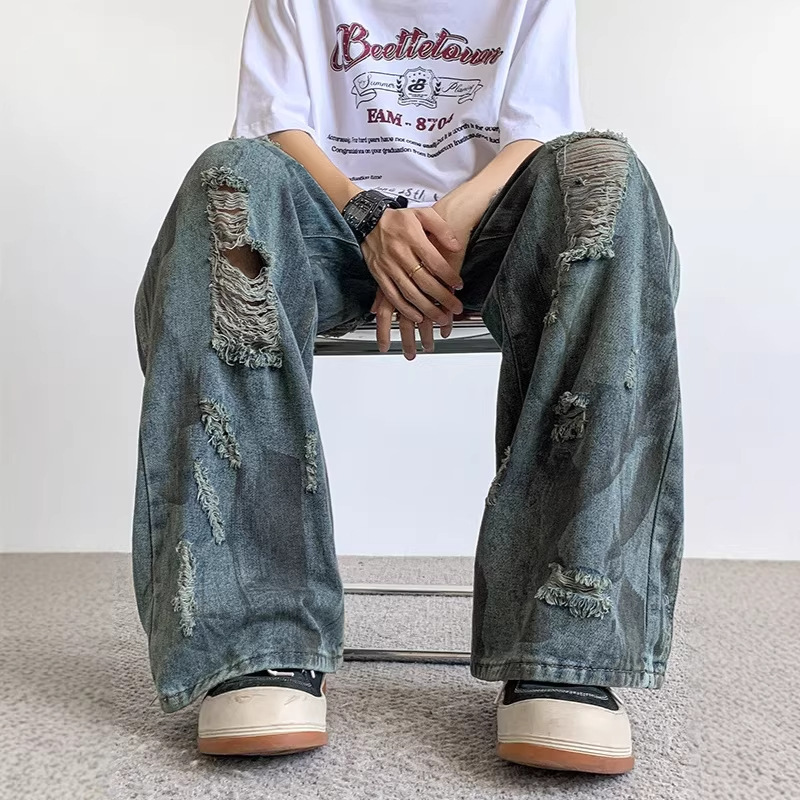 American Style High Street Trendy Brand Jeans Men's 2024 New Vibe Fashionable Loose Straight Retro All-match Long Pants