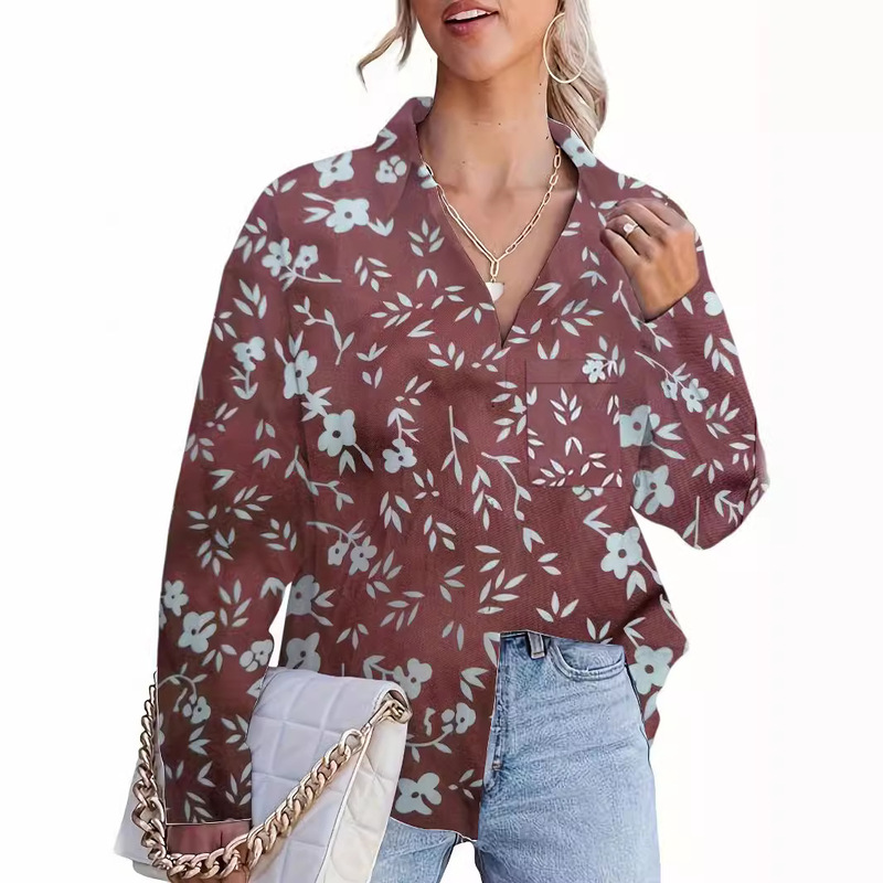 Ready Stock Cross-Border European and American Women's Tops, Foreign Trade Loose-Fitting Tops, Fashionable Long-Sleeved Collared Shirts, Floral Print Shirts for Women