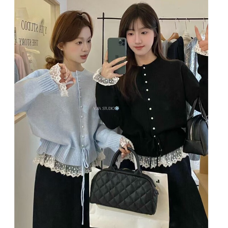 Korean Style Lace-Up Waist-Cinching Sweater Cardigan for Women, Spring and Autumn Fashion, Age-Reducing Design Knit Top