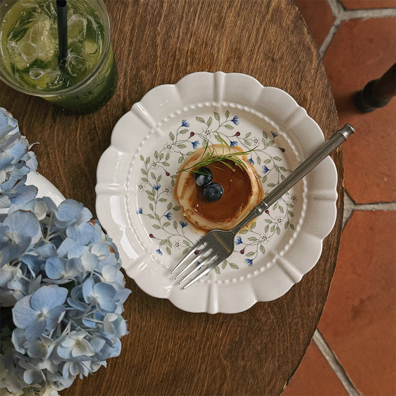 法式 复古蓝色花枝盘 陶瓷盘 高颜值花边陶瓷盘 甜品盘沙拉盘餐盘