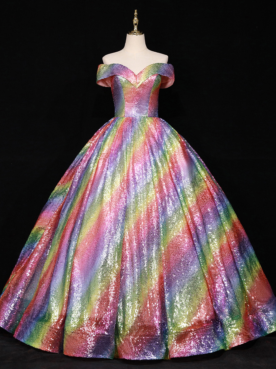 Damenbekleidung Braut verträumtes buntes Paillettenball-Performance-Kostüm mit einer Schulter Hochzeitskleid_voghion.com