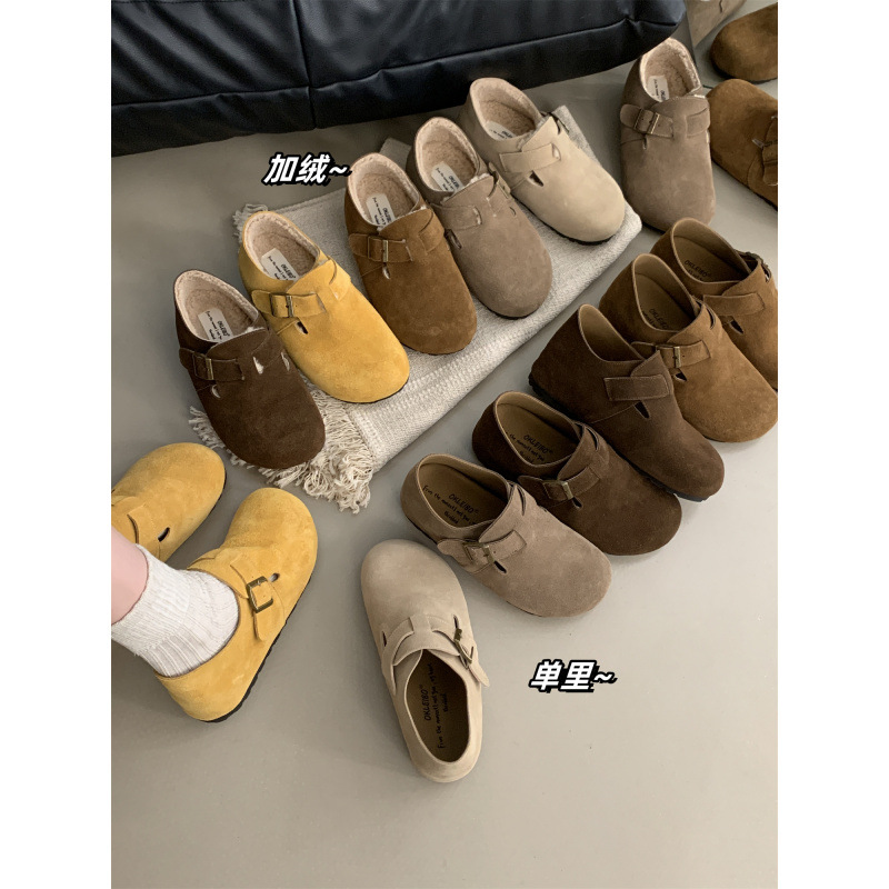 (2개) 키 작은 분들을 위해 5CM 높였습니다  여성용 천연가죽 버켄스탁 슈즈, 두꺼운 밑창 하프머그 플러스 벨벳 가을 겨울 면화, 신스타일 바오터우 소가죽