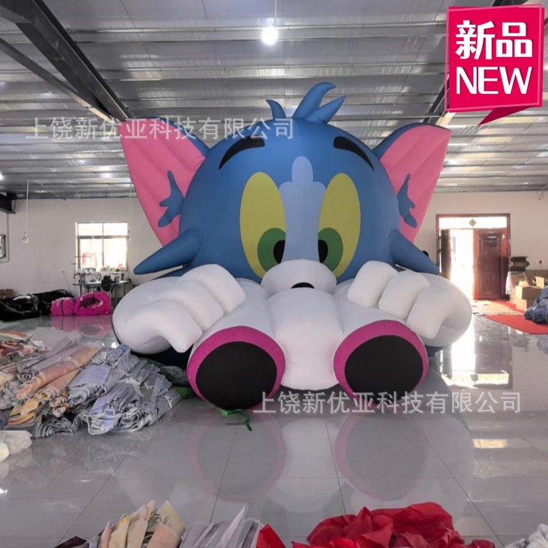 大型充气天台楼顶建筑美陈发光装饰汤姆猫手拿望眼镜楼顶气模定制