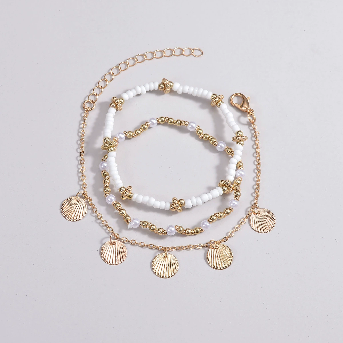 Fashionable metal pendant pearl, elastic ball with beads, bracelet, set, simple and elegant design, 3 piece set