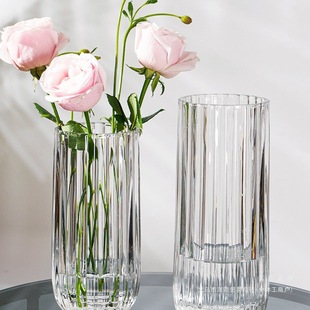 Striped Light Luxury Glass Vase for Living Room Flowers, Transparent Flower Arrangement, Hydroponic Ins-Style Ornament, Tea Pet Ornament
