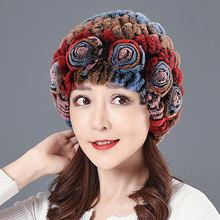 獭兔毛帽子秋冬季加厚防风保暖女士皮草中老年妈妈护耳花朵菠萝帽