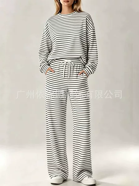 Amazon European and American Women's Clothing 2026 Fall/Winter Color-Block Striped Casual Long-Sleeve Top and High-Waisted Pants Set