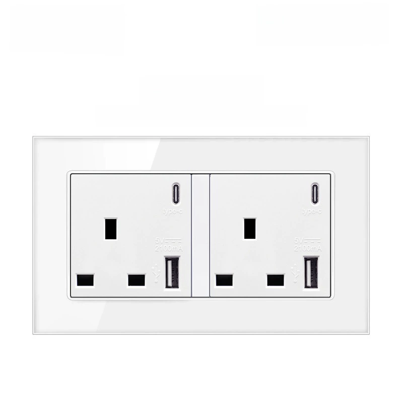 Glass white British standard switch socket panel Hong Kong and Macao dual-connected USB+typeC socket British concealed 86 type