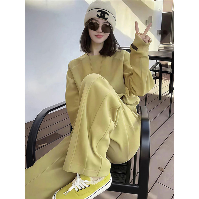 European Casual Sports Suit for Women 2025 New Autum Loose Slimming Look Lazy Style Sweatshirt Wide Leg Pants Two-Piece Set