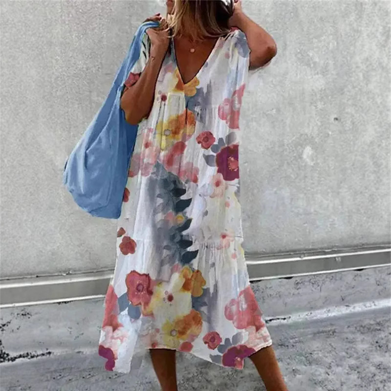 European and American cross-border spring and summer new European and American foreign trade women's V-neck sleeveless dress slit color casual commuting mid-length skirt