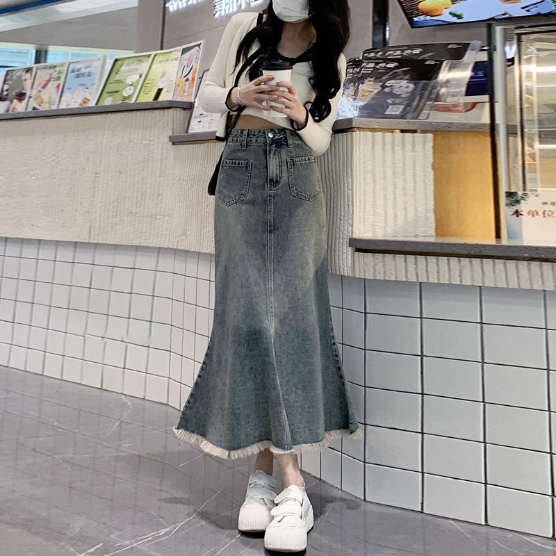 Vintage Denim Skirt Women's Short Skirt Midi Skirt Ins High Waist Slimming A- Line Fishtail Hip Skirt for Summer